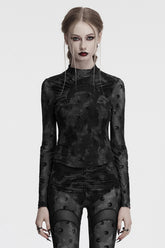 Grey Moon Print Mesh Ruched Women's Gothic Blouse